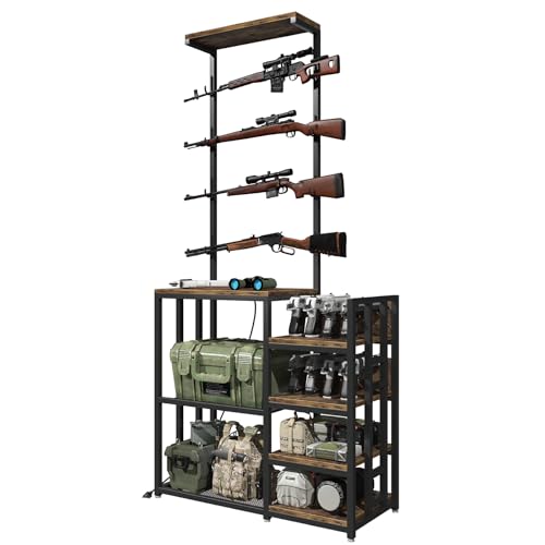 MILEFA MLEFA Indoor Gun Racks, Rifle Rack Floor Stand, Heavy Duty Metal Gun Storage Shelf, Gun Display Rack for 4 Rifles and 8 Pistols,for Home Garage Office or Retail Shop, Retro Brown