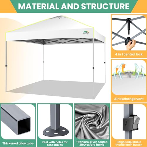 Image of COBIZI 10x10 Pop Up Canopy - One Push Setup Tent, Glow Strips, 4 Sidewalls