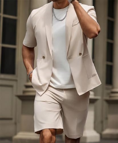 SAROULU Shorts Mens Suit 2 Piece Grooms Beach Wedding Slim Fit Tuxedo Suit Blazer & Shorts Set3