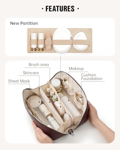 EACHY Travel Makeup Bag, Lychee Leather Large Capacity Cosmetic Bag for Women, Open Flat Toiletry Bag with TPU Brush Compartment, Waterproof Skincare Organizer Travel Essentials