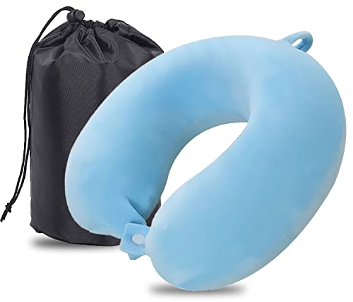 MASMAS Almohada de Viaje, Almohada para Cuello Viscoelástica de Espuma Memoria, Cómoda para la Cervical, Ortopédica Soporte de Nuca para Viajar Coche Avión Bus (Azul)