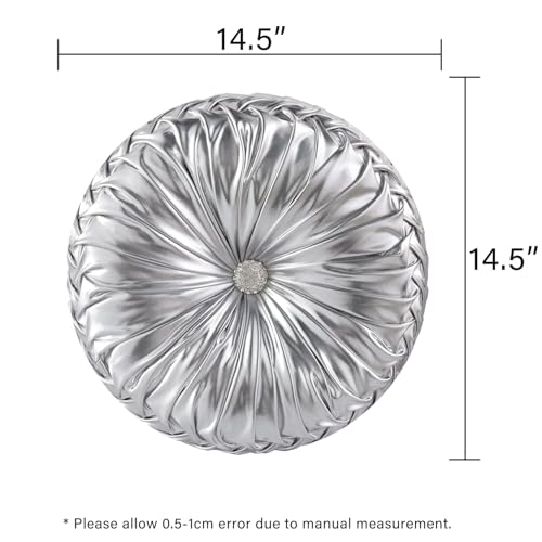 Image of HIG Set of 2 Handcrafted Silver Ruched Round Throw Pillows - 14.5'' Metallic Leather Decorative Pillows with Soft Polyester Filling for Couch, Bed, Living Room, Bedroom, or Dorm