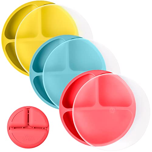 Image of WeeSprout Silicone Plates with Lids for Babies & Toddlers (3 Pack) 100% Food-Grade Dishes for Self Feeding, Divided Design & Raised Edges for Picky Eaters, Dishwasher & Microwave Safe Weaning Supplies