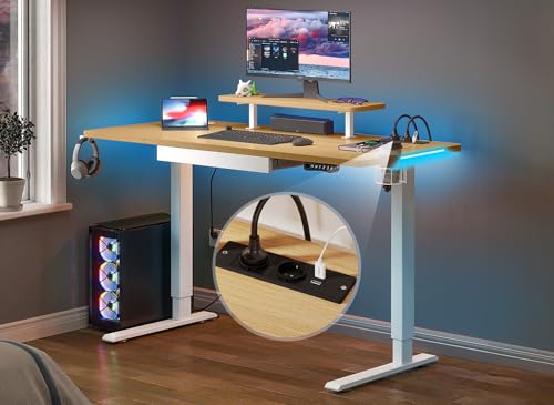 YITAHOME Electric Standing Desk with Charging Station,Sit Stand Desk with LED Lights,2 AC Outlets,2 USB Ports,Height Adjustable Desk with Drawer,Stand Up Desk Heavy Duty Steel 4 Memory Smart Pannel