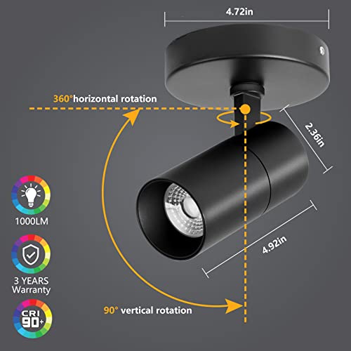Vanoopee 3-Color Dimmable Led Ceiling Spotlight Flush Mount Adjustable Spotlight Directional Spot Lights Indoor Bright Accent Fixture For Living Room Bedroom - Cri90 36° Flicker Free 10W 1000Lm Black #TOP4