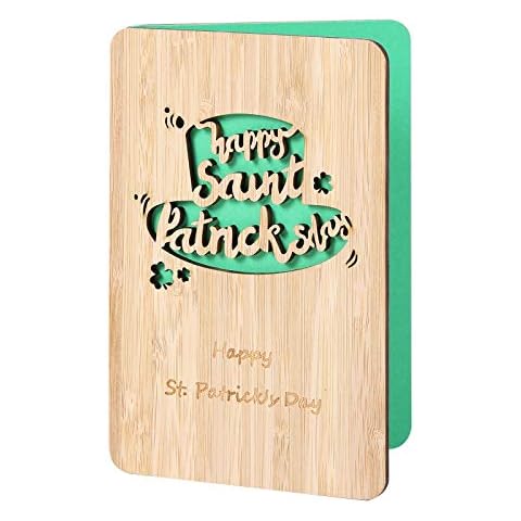 St Patrick's Day Cards with Hat Pattern Designed,Handmade Bamboo Wood Irish St. Patrick's Day Themed Greeting Cards for Friends Collegues Families Cover