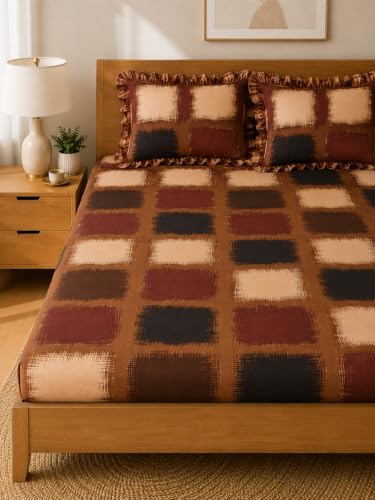Image of 380 TC Premium Glace Cotton Elastic Fitted Bedsheet King Size with 2 Pillow Covers King Size | Double Bed with All Around Elastic (Brown Box, Fitted - 72 inchx78 inch King)