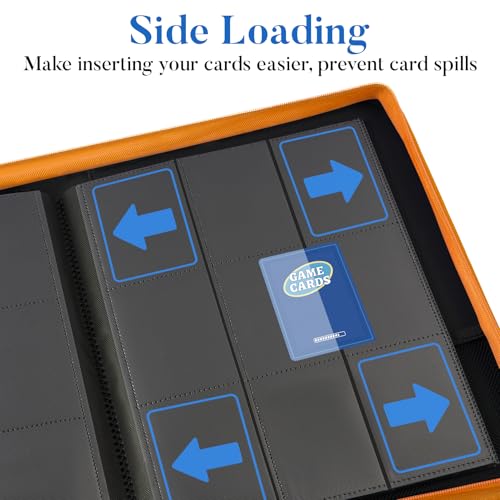 Image of Premium Zip Card Binder, Fabmaker 9 Pocket Trading Card Binder, PU Cover Zipper Card Collection Album, Sturdy 360 Side-Loading Card Folder Holder for Game & Sports Cards, Orange