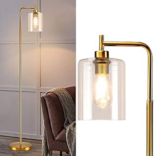 Depuley Modern Gold Led Floor Lamp, Eye-Care Standing Lamp with Hanging Glass Shade,Industrial Metal Floor Light,Reading Floor Lamps for Living Room,Bedroom,E27 Socket(6W A60,LED Edison Bulb Included)