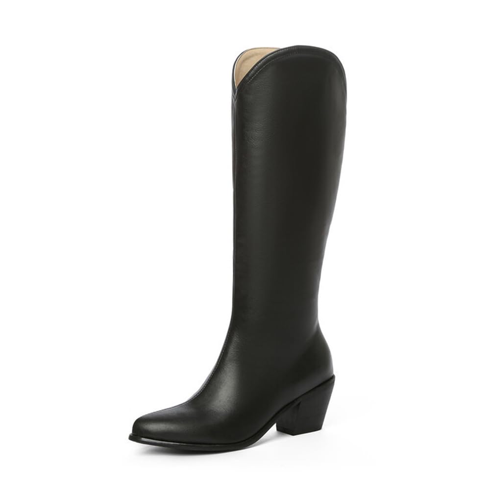 Womens Pointed Toe Knee High Boots Fashion Wide Calf Chunky Heel Pull on Long Boots Comfortable Casual Boots