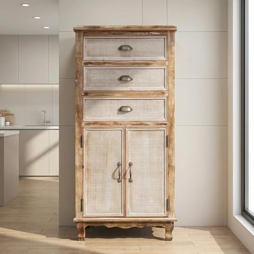 Image of LKTART 55 inch Tall Solid Wood Kitchen Pantry Storage Cabinet with Drawers | Solid Wood Frame;Farmhouse /French Country Narrow Corner Glass Display Cabinet;Narrow Storage Cabinet;Tall Accent Cabinet