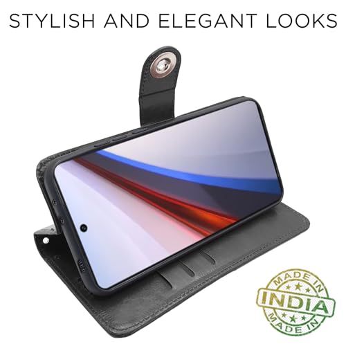 Image of Pikkme iQOO 12 5G Flip Cover Leather Finish | Inside TPU with Card Pockets | Wallet Stand and Shock Proof | Complete Protection Button Flip Case (Black)