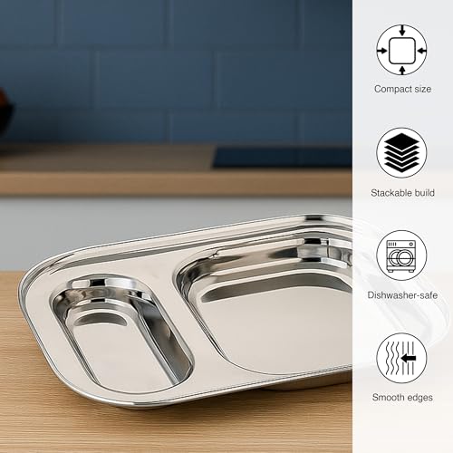 Image of Expresso 2 in 1 Rectangle Eight Compartment Divided Plate /Thali /Bhojan Thali /Mess Tray /Dinner Plate | Plates for Lunch /Dinner with Mirror Finish Stainless Steel Bhojan Plates Set of 2