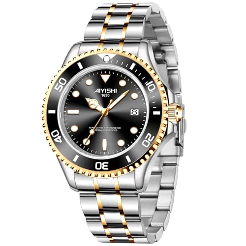 Montre de luxe pour homme chic en acier argent noir et or avec mouvement quartz