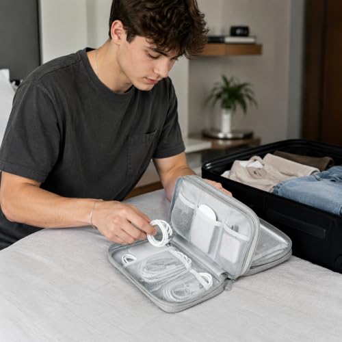 Image of SaleOn Portable Storage Organizer for USB Cable, Earphone, Power Bank,Charger, Hard Disk & Digital Gadgets (Light Grey, 9x6 Inch)