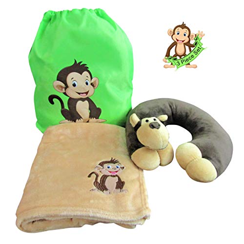 Life's Simple Answers Travel Pillow Blanket Set for Kids – Plush Monkey Travel Neck Pillow, Kids Size Travel Blanket and Matching Drawstring Backpack in This 3-Piece Travel Combo Set
