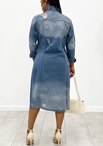 ebossy Women's Ripped Distressed Destroyed Classic Blue Maxi Denim Jacket Long Jean Trench Coat Outwear2