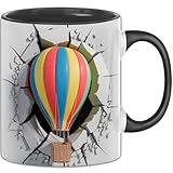 3D Heißluftballon Tasse Geschenk Heißluftballon Durchbruch Wand Grafik Geschenkidee für Heißluftballon Liebhaber (Schwarz)
