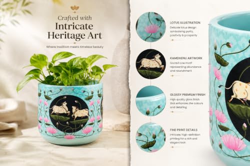 Image of Kamdhenu Terracotta Planter for Indoor Plants, Decorative Plant Pot with Lotus & Cow Artwork, Indian Traditional Home Decor, Flower Pot for Living Room, Balcony & Gifting