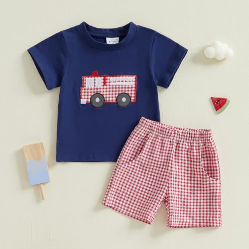 Image of 4th Of July Toddler Boy Outfit Popsicle American Flag T-Shirt and Gingham Plaid Shorts Set Independence Day Clothes