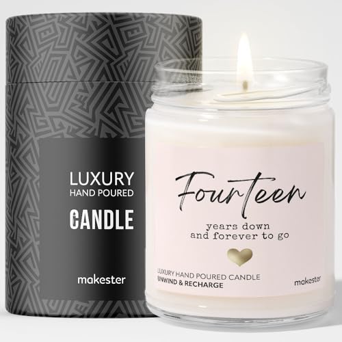 14th Wedding Anniversary Candle Gift - Luxury Soy Wax - Vanilla Jasmine Sugared Almond - Makester