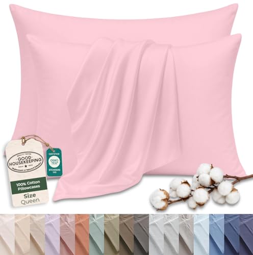 Image of Royale Linens 100% Cotton Pillow Cases Queen Size Set of 2 - Percale Pillowcase - Pink Pillow Cases Super Soft Cooling & Breathable Hotel Cotton Pillowcases, Fits Queen Pillows (20 inchx30 inch, Pink)