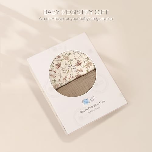 Image of lulumoon Baby Crib Sheets Fitted: Soft Muslin Cotton Sheets for Standard Crib - Mocha Floral for Girls 2Pack