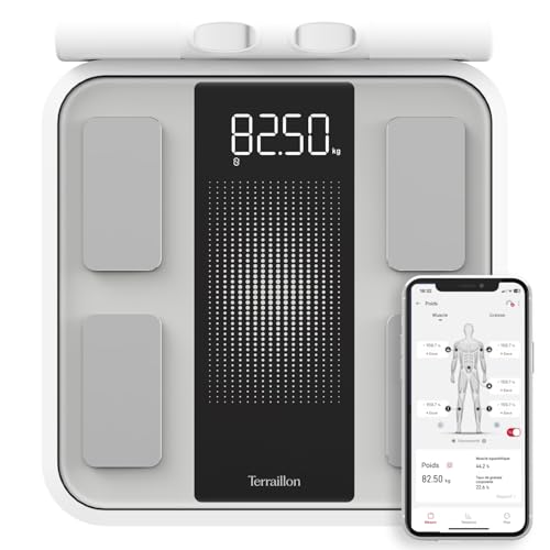 TERRAILLON - Balance Pese personne, Balance connectée Bluetooth avec application, Analyse avec 8 électrodes: IMC, masse graisseuse, musculaire, hydrique, Précision 50 gr, jusqu'à 180Kg, WEIGHT EXPERT