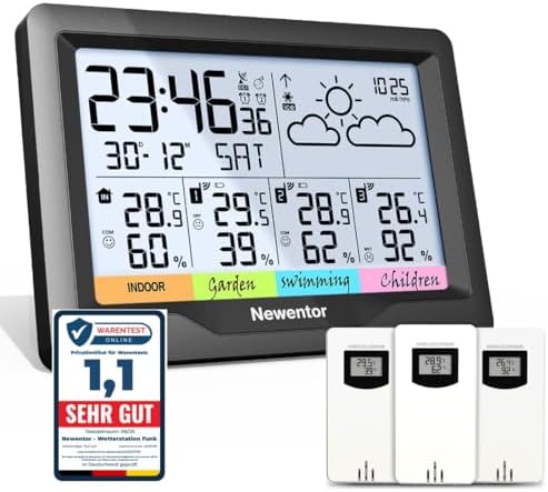 Newentor Wetterstation Funk mit Außensensoren, 3 Sensoren, Schwarz | Lange Batterielaufzeit und flexible Platzierungm, Wetterstation Funk mit Außensensor, DCF-Funkuhr für genaue Ze