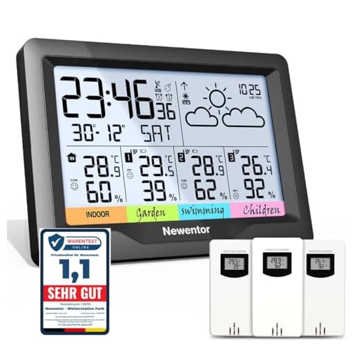 Newentor Wetterstation Funk mit 3 Außensensor Indoor Outdoor Thermometer Hygrometer DCF-Funkuhr Multifunktionale Funkwetterstation