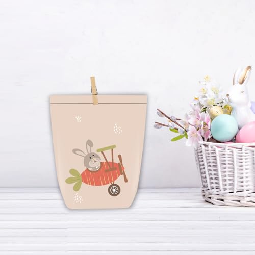 PANSIBY Geschenktüten Ostern, Ostertüten zum Befüllen, 12 Bunt Cozy Bedruckte Tüten mit Holz Klammern, Karikatur Osterhasen Basteln Set