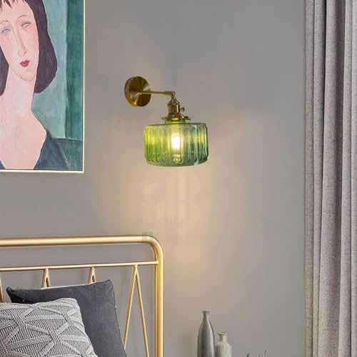 Image of Vintage Wall Sconces with Switch Glass Shade Modern Brass Wall Light Fixtures E27 Base Bedside Wall Mounted Lamp for Bedroom Bathroom Living Room Farmhouse Vanity (Green-2Pcs)