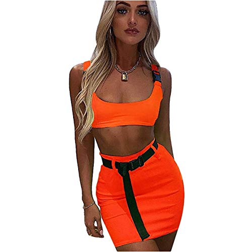 Women Sexy Buckle Tank Crop Tops Mini Skirt Set 2 Piece Rave Outfit Party Clubwear Bodycon