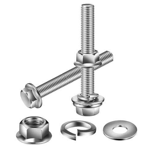 M10 x 30mm Flanged Hex Head Bolts, Nuts, Flat &amp; Lock Washers, 20Pcs 18-8 (304) Stainless Steel, Fully Threaded, by SG TZH