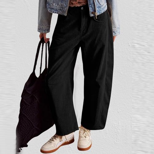 Wide Leg Corduroy Pants Women Mid Rise Cord Barrel Jeans Vintage Elastic Waist Pants Cropped Ankle Pants with Pockets3