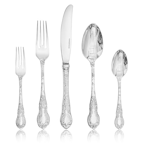 KINGSTONE Vintage Carved Silverware Set, 20-Piece 18/10 Stainless Steel Flatware Cutlery Set with Retro Royal Thick Handle, Tableware Utensils for Home, Restaurant, party, Wedding, Dishwasher Safe