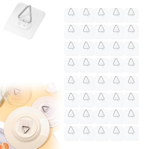 Image of Drill Free Adhesive Hooks,Upgraded Picture Hangers Without Nails,Adhesive Wall Mount Screw Hooks for Hanging,Nail Free Wall Hangers for Kitchen, Bathroom (Triangle /40PCS, Triangle Hook)