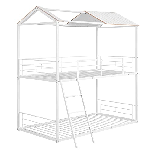 Emkk Twin Over Twin Metal Bunk Bed,House Shaped Low Bunk Beds W/Safety Guardrail & Ladder,Twin Over Twin Bunk Beds For Kids Girls Boys Toddlers,Metal House Bunk Bed Frame With Ladder #TOP6