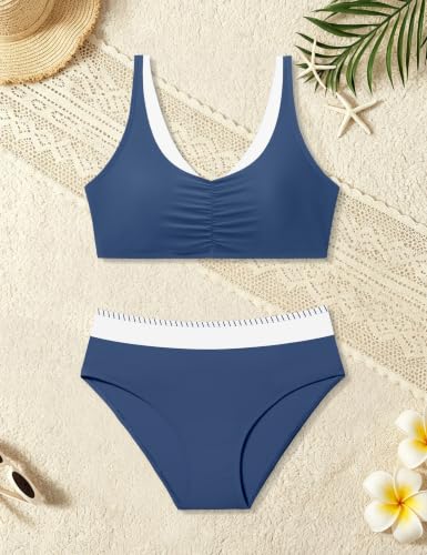 Image of Girls Bathing Suit Color-Block Adjustable Straps Bikini Sets Girls Two Piece Swimsuits with Chest Pad Swimwear 7-18T