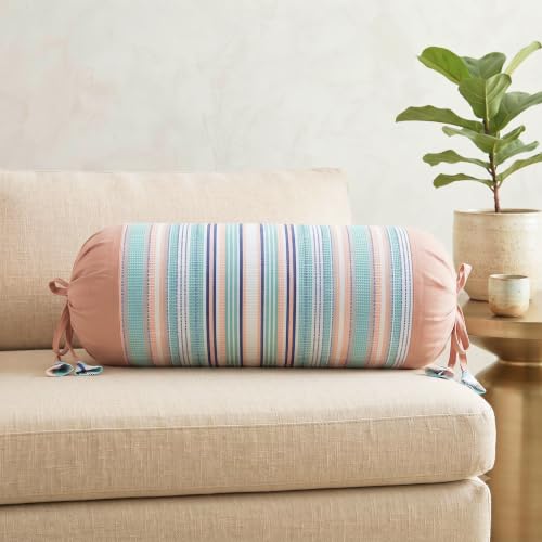 Image of SAJAVAT HOME Camel Brown with Green & White Stripes Cotton Bolster Cover for Sofa, Bed & Diwan (Pack of 1) 15x30 Inch | Soft Round Side Pillow Cover | Breathable All-Season Bolster Pillow Cover |