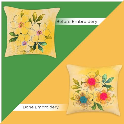 Image of picknMAKE Pack of 2 DIY Cushion Cover Hand Embroidery Kit Set for Beginners - Floral Bloom Cross-Stitch Pillow Covers | Home Decor | 16 inchx16 inch | Digitally Printed Pattern| All Materials Included
