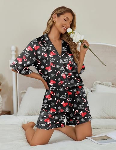 Image of Ekouaer Womens Satin Pajamas Set 2 Piece Button Down Silk Pjs Ruffle Short Sleeve Shorts Set Notch Collar Sleepwear
