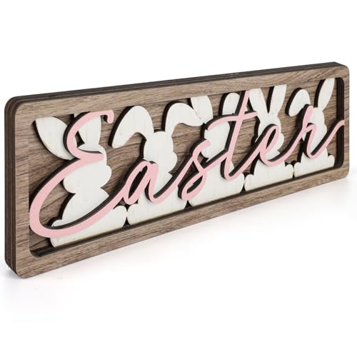 Vintage Happy Easter Decorations for Office, Home, Table, Mantel, Shelf, Desk, 3 1/2 x 11 Inch Retro Bunny Sign, Wooden Spring Bunnies Decor Sign, Farmhouse Pink Decoration (Vintage Bunnies)