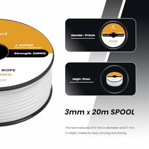 Abma Cord Polyester Cord 3mm x 20m Braid Polyester Rope, White - Heavy Duty & Low Stretch - High UV & Abrasion Resistance - Image 2