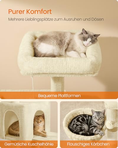 Feandrea Kratzbaum, 136 cm hoch, Katzenbaum, mehrstöckiges Katzenhaus, mit 4 Kratzsäulen, 3 Plattformen, Liegemulden, Höhle, beige PCT012LF01 – Bild 5