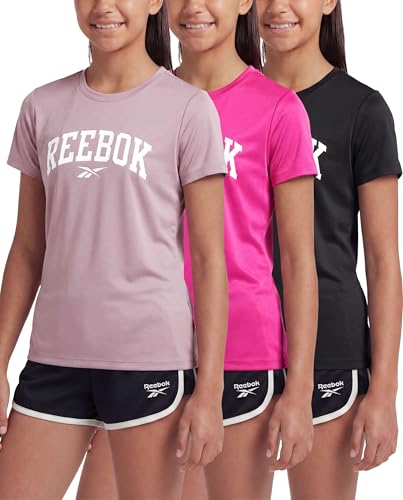 Reebok 3 Pack: Girls Dry Fit T Shirts Athletic Short Sleeve Sports Tops Active Tee Shirt for Kids Teens Tweens (Sizes 6-16)- Set 4 M (8)