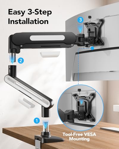 Image of HUANUO Ultrawide Monitor Arm for 13 - 40 inch Screens, NITROGLIDE Single Monitor Mount Holds up to 26.4lbs, Adjustable Monitor Stand with C-Clamp & Grommet Base, VESA Mount 75x75mm /100x100mm