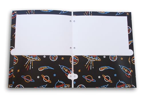 Pasta portfólio de naves espaciais e planetas - 3 furos com pasta de 2 bolsos - 24 x 29 cm