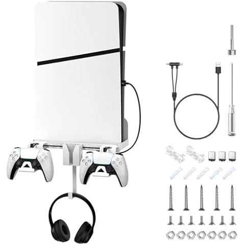 Allnice PS5 Silm Wall Mount Kit, 6 in 1 Playstation 5 Slim Wall Moun Compatible with PS5 Silm Console (Disc and Digital Edition) with Magnetic Charging Cable Detachable Controller Holder (White) Cover