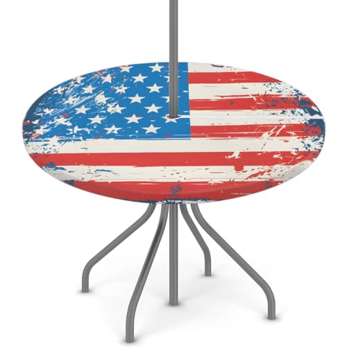 Tablerazzi American Flag Round Outdoor Tablecloth with Umbrella Hole and Zipper 4 of July Independence Day Fitted Tablecloth Wipeable Table Cloth for Picnic Garden, 36''-44''